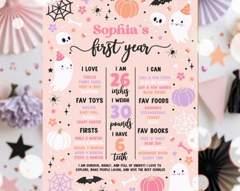 Editable Halloween Ghost 1st Birthday Milestone Poster Spooky One Ghost Spooktacular 1st Birthday Party Stats Poster Instant Download DS