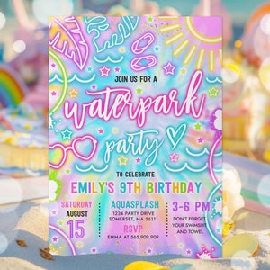 Editable Water Park Birthday Party Invitation Glow Neon Tie Dye Summer Water Slide Splash Pad Water Park Birthday Party Instant Download Y3