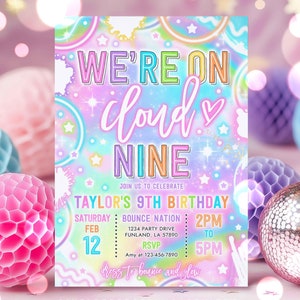 Editable Cloud 9 Pastel Neon Birthday Party Invitation Pastel Neon Glow Cloud Nine 9th Birthday Party Instant Download Y7H