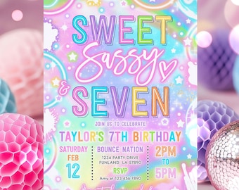 Editable Sweet Sassy And Seven Birthday Party Invitation Neon Glow Sweet And Sassy 7th Birthday Party Instant Download Y7H