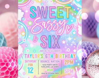 Editable Sweet Sassy And Six Birthday Party Invitation Neon Glow Sweet And Sassy 6th Birthday Party Instant Download Y7H