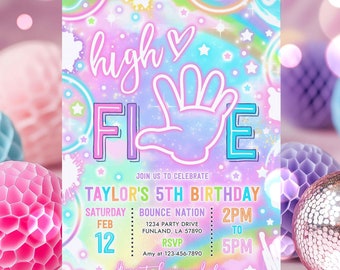 Editable High Five Birthday Party Invitation Neon Glow High Five Hi Five 5th Birthday Party Girls 5th Birthday Party Instant Download Y7H
