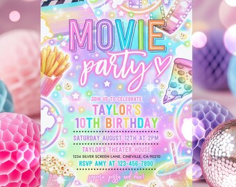 Editable Movie Night Birthday Invitation Pastel Rainbow Glow Movie Birthday Party Movie Night Popcorn Sleepover Party Instant Download Y7H