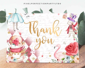Alice in Wonderland Thank you Cards Thankyou Card Tea Party Gift INSTANT DOWNLOAD Pastel Pink DIY Printable Birthday Decorations