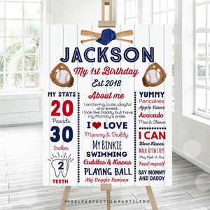 Baseball 1st Birthday Poster Baseball Birthday Milestone Poster Red White And Blue Baseball Birthday Instant Download Editable File PDF 4U