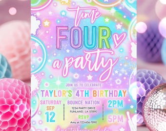 Editable Time Four A Party 4th Birthday Invitation Rainbow Neon Glow Girl 4th Birthday Party Instant Download Y7H