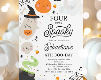 Editable Four Ever Spooky Halloween Ghost 4th Birthday Party Invitation Spooktacular Ghost Halloween Birthday Party Instant Download 4W2