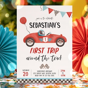 Invitación editable para el primer cumpleaños con temática de coche de carreras. Primer viaje alrededor de la pista. Coche de carreras rojo vintage para niño. Fiesta de primer cumpleaños. Descarga instantánea en realidad virtual.