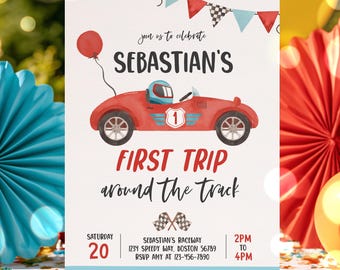 May include: A party invitation card featuring a red race car with a blue helmet, a red balloon, and checkered flags. Text reads: Join us to celebrate Sebastian's First Trip Around the Track, Saturday 20, Sebastian's Raceway, 1234 Speedy Way, Boston 56789.