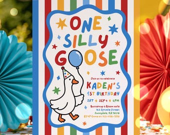 Editable One Silly Goose 1st Birthday Party Invitation Colorful Silly Goose Boy 1st Birthday Party Instant Download CT1
