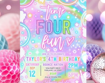 Editable Time Four Fun 4th Birthday Invitation Rainbow Neon Glow Girl 4th Birthday Party Instant Download Y7H