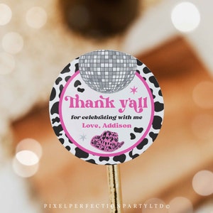 Editable Space Cowgirl Birthday Party Circle Square Favor Tag Pink Disco Cowgirl Party Nashville Rodeo Birthday Party Instant Download UL