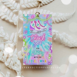 Editable Ice Skating Birthday Party Favor Tag Tie Dye Ice Skating Gift Label Sticker Tag Neon Glow Ice Skating Party Instant Download O4