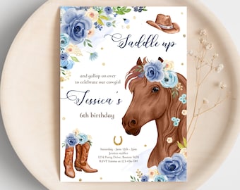 Editable Cowgirl Birthday Invitation Horse Birthday Party Invitation Navy Blue And Gold Floral Cowgirl Horse Birthday Instant Download R0