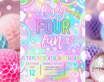 Editable Ready Four Fun 4th Birthday Invitation Rainbow Neon Glow Girl 4th Birthday Party Instant Download Y7H