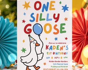 Editable One Silly Goose 1st Birthday Party Invitation Colorful Silly Goose Boy 1st Birthday Party Instant Download CT1