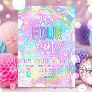 May include: A rectangular birthday invitation card with a pastel rainbow background featuring neon-style text that reads Just FOUR fun. The card includes event details for Taylor's 4th birthday, including the date, time, location, and RSVP information.