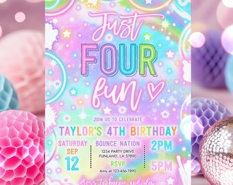 Editable Just Four Fun 4th Birthday Invitation Rainbow Neon Glow Girl 4th Birthday Party Instant Download Y7H