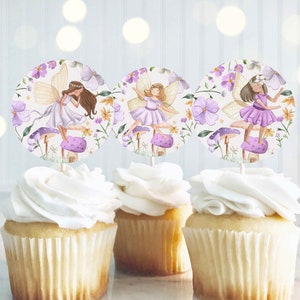妖精の誕生日パーティーの円形と四角形のカップケーキトッパー気まぐれな魅惑的な魔法の花の妖精のプリンセスパーティーケーキトッパーインスタントダウンロードSF