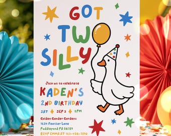 Editable Got Two Silly Goose 2nd Birthday Party Invitation Colorful Silly Goose Boy 2nd Birthday Party Instant Download CT1
