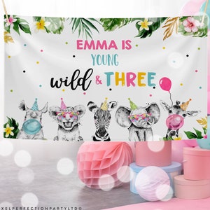 Editable Digital Download Safari Animal Young Wild And Three Backdrop Pink Gold Monochrome Safari 3rd Birthday Banner Instant Download PS