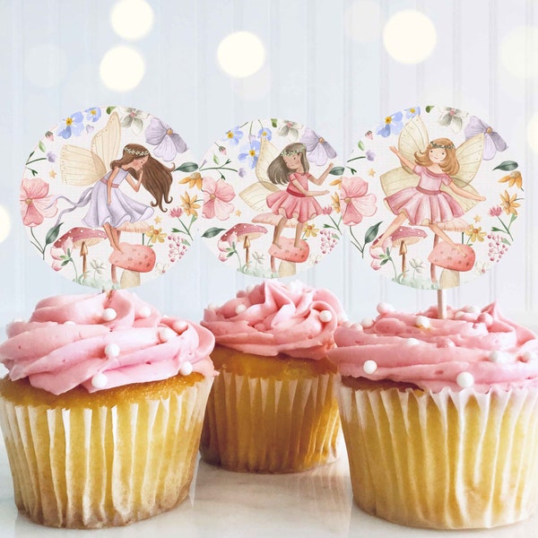 Fairy Birthday Party Circle & Square Cupcake Toppers Whimsical Enchanted Magical Floral Fairy Princess Party Cake Topper Instant Download SF