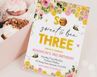 Editable Bee Birthday Invitation Honey Bee Birthday Pink Yellow Floral Bumble Bee Party So Sweet To Bee Three Party Instant Download BH