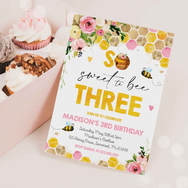 Editable Bee Birthday Invitation Honey Bee Birthday Pink Yellow Floral Bumble Bee Party So Sweet To Bee Three Party Instant Download BH