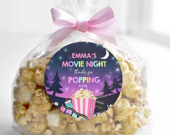 Editable Backyard Movie Night Favor Tag Girl Pink Movie Night Birthday Thank You Sticker Gift Tag Movie Party Favor Instant Download LK