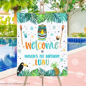 Editable Hawaiian Luau Birthday Party Welcome Sign Tropical Palm Leaves Toucan Hawaiian Pineapple Luau Pool Party Sign Instant download CY
