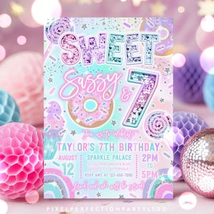 Editable Sweet Sassy And Seven Birthday Party Invitation Rainbow Neon Sequin Glitter Letter Patch 7th Birthday Party Instant Download Y8W