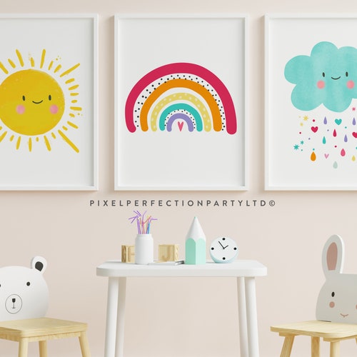 Set of 3 Bright Rainbow Nursery Art Prints Cute Rainbow Etsy