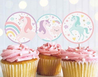 Unicorn Birthday Circle Square Cupcake Toppers Magical Pastel Rainbow Unicorn Party Whimsical Fairytale Unicorn Party Instant Download UY6