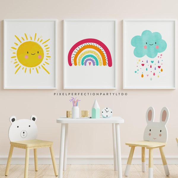 Set von 3 Regenbogen-Kinderzimmer-Kunstdrucken Niedliche Regenbogen-Sonnenschein-Wolke-Kinderzimmer-Kunst Mädchen Helle Regenbogen-Kinderzimmer-Drucke Sofortiger Download RM4