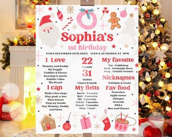 Editable Christmas 1st Birthday Milestone Sign Oh What Fun Birthday Milestone Board Red Pink Girl Christmas Birthday Instant Download HHY