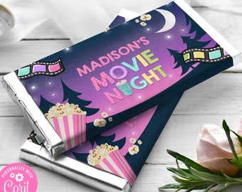 EDITABLE Movie Night Candy Bar Wrapper Labels Backyard Movie Night Candy Favors Movie Under The Stars Movie Sleepover Instant Download LK
