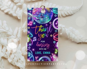 May include: A rectangular gift tag with a disco ball design and the text "Thank you for dancing with me, Love, Emma." The tag features neon accents, stars, musical notes, and a tassel. The background is a dark purple.