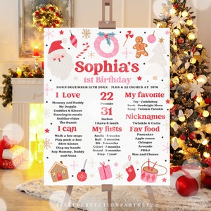 Editable Christmas 1st Birthday Milestone Sign Oh What Fun Birthday Milestone Board Red Pink Girl Christmas Birthday Instant Download HHY