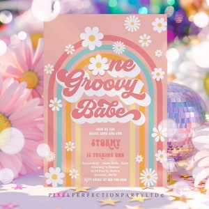 Editable One Groovy Babe Birthday Party Invitation Groovy One Birthday Groovy Rainbow Party Hippie 70s 1st Birthday Instant Download 4W