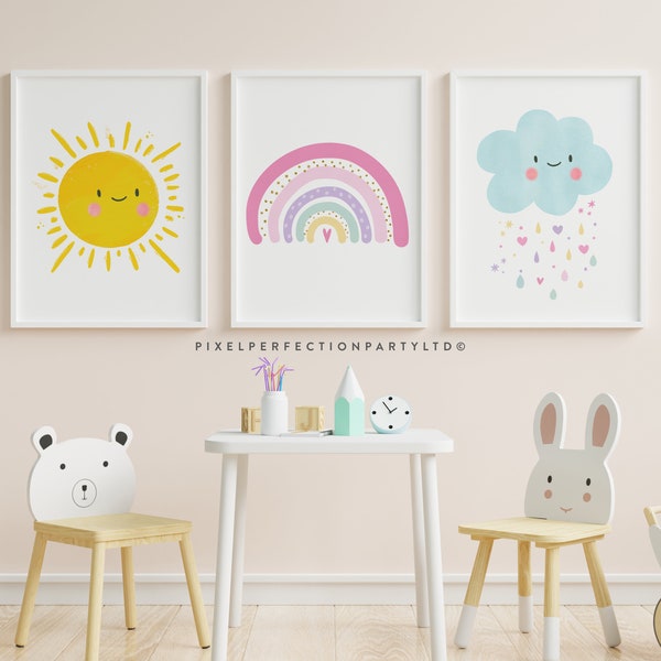 Set of 3 Pastel Rainbow Nursery Art Prints Cute Rainbow Sunshine Cloud Nursery Art Girl Pastel Rainbow Nursery Prints Instant Download RM