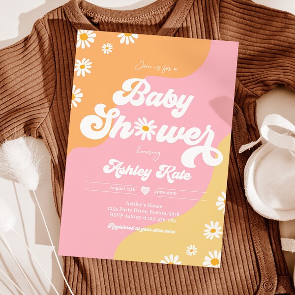 Editable Retro Baby Shower Invitation Retro Bohemian Hippie Vibes Daisy 70s Flower Power Baby Shower Invitation Instant Download J1