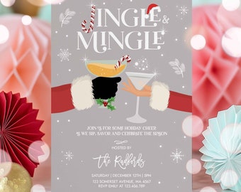May include: A festive Christmas party invitation with a gray background and snowflakes. The text reads "Jingle & Mingle" with a cartoon image of two people toasting with cocktails. The invitation includes the party details: "Hosted by The Radfords, Saturday, December 12th, 5pm, 123 Somerset Avenue, MA 4567, RSVP Emily at 123.456.789".