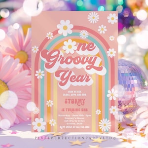 Editable One Groovy Year Birthday Party Invitation Groovy One Birthday Groovy Rainbow Party Hippie 70s 1st Birthday Instant Download 4W