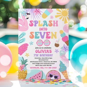 Editable Splash Into Seven 7th Birthday Pool Party Invitation Tropical Summer Splish Splash Girly Pool Party Invitation Instant Download 4RE
