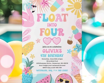 Editable Float Into Four 4th Birthday Pool Party Invitation Tropical Summer Splish Splash Girly Pool Party Invitation Instant Download 4RW