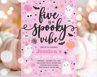 Editable Five Is A Spooky Vibe Halloween Ghost 5th Birthday Party Invitation Cute Ghost 5th Birthday Spooktacular Party Instant Download F4