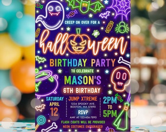 Editable Glow In The Dark Halloween Birthday Party Invitation Neon Halloween Birthday Glow Halloween Spooktacular Party Instant Download T6Y