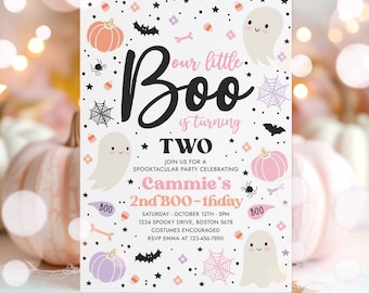 May include: A pink and white Halloween party invitation with a ghost and pumpkin design. The text reads "Our little Boo is turning Two. Join us for a Spooktacular party celebrating Cammie's 2nd BOO-thday. Saturday, October 12th - 5pm, 1234 Spooky Drive, Boston 5678. Costumes encouraged. RSVP Emma at 123-456-7890."
