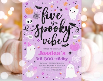 May include: Purple invitation with a ghost and pumpkin design. The text reads "five is a spooky vibe" and "Jessica's 5th BOO-thday".