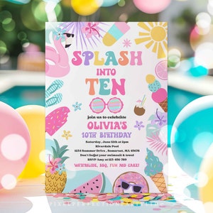 Editable Splash Into Ten 10th Birthday Pool Party Invitation Tropical Summer Splish Splash Girly Pool Party Invitation Instant Download 4RE